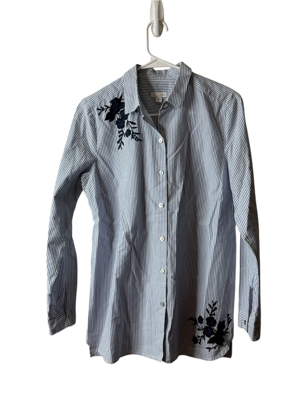 J Jill Blue Striped Embroidered Floral Button Front Long Sleeve Blouse